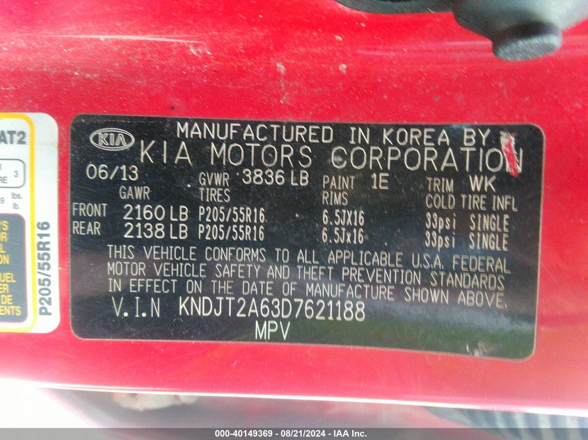 2013 Kia Soul + VIN: KNDJT2A63D7621188 Lot: 40149369