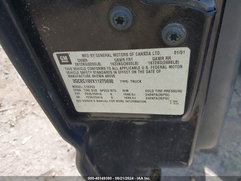 2001 Chevrolet Silverado 1500 VIN: 2GCEC19VX11275690 Lot: 40149380