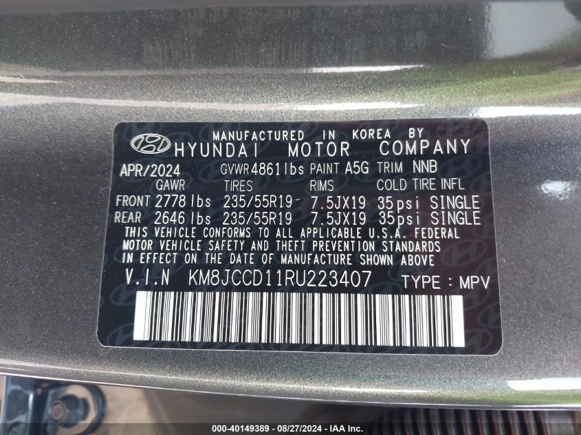 2024 Hyundai Tucson Hybrid Sel Convenience VIN: KM8JCCD11RU223407 Lot: 40149389