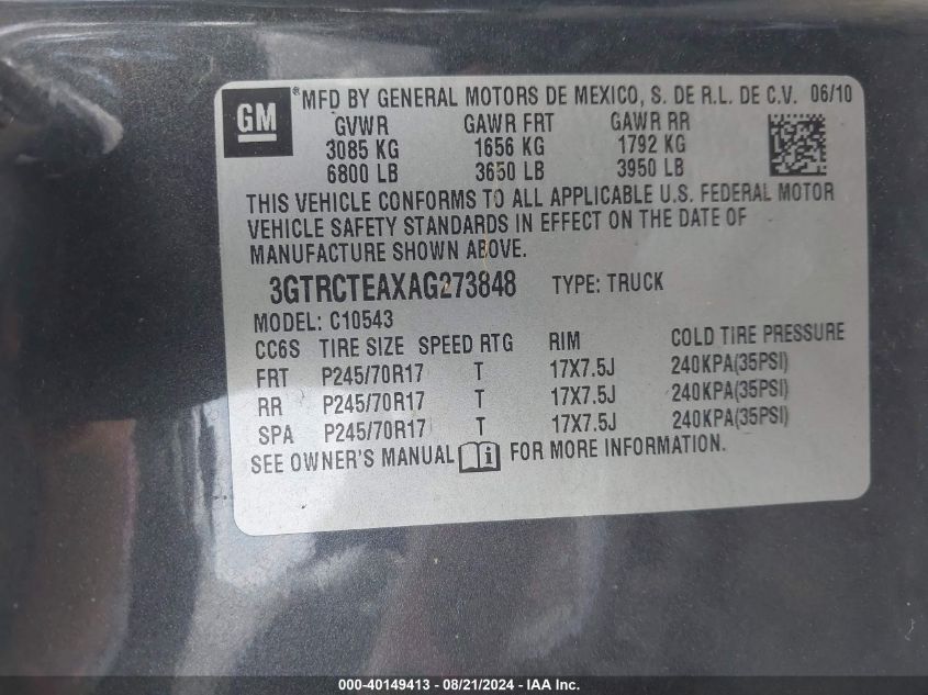 2010 GMC Sierra 1500 Work Truck VIN: 3GTRCTEAXAG273848 Lot: 40149413