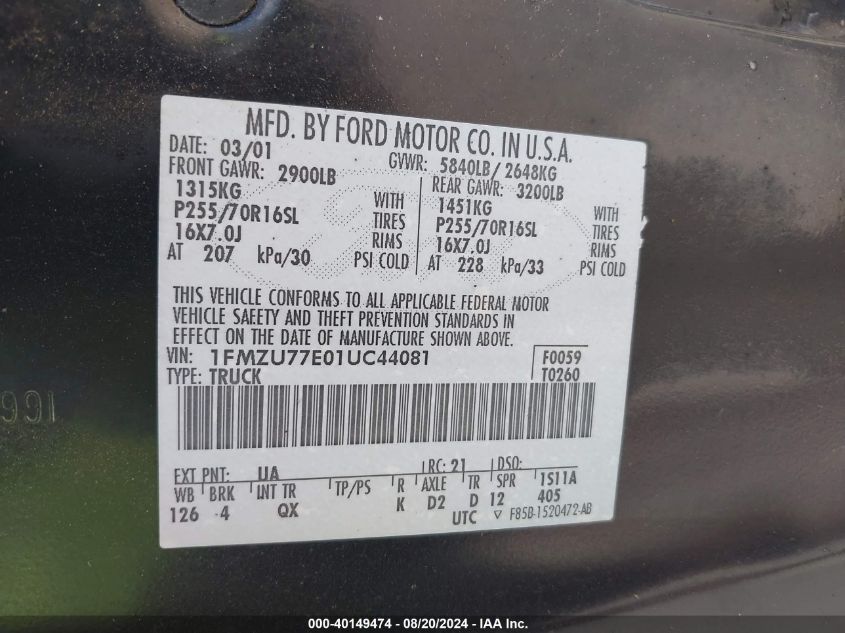 2001 Ford Explorer Sport Trac VIN: 1FMZU77E01UC44081 Lot: 40149474