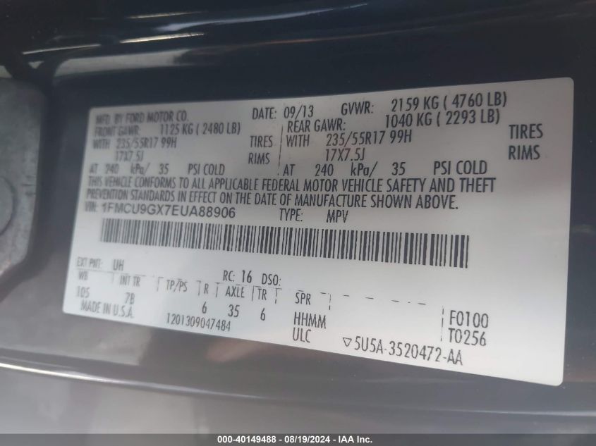 2014 Ford Escape Se VIN: 1FMCU9GX7EUA88906 Lot: 40149488