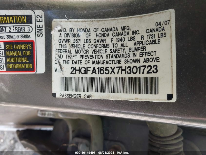 2007 Honda Civic Lx VIN: 2HGFA165X7H301723 Lot: 40149498