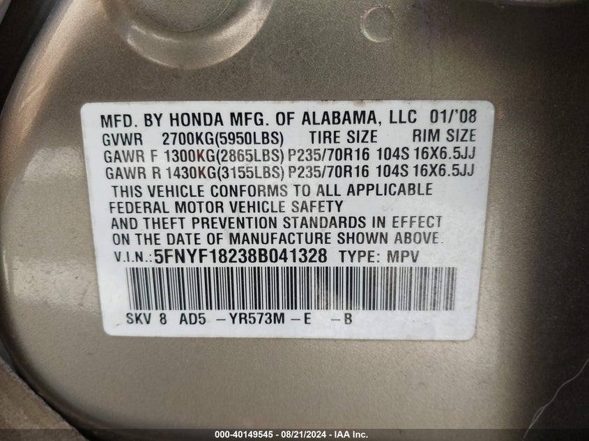2008 Honda Pilot Vp VIN: 5FNYF18238B041328 Lot: 40149545