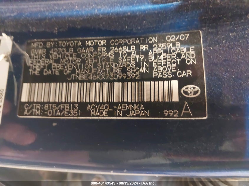 2007 Toyota Camry Ce VIN: JTNBE46KX73099392 Lot: 40149549