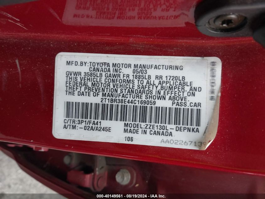 2004 Toyota Corolla Le VIN: 2T1BR38E44C169059 Lot: 40149561