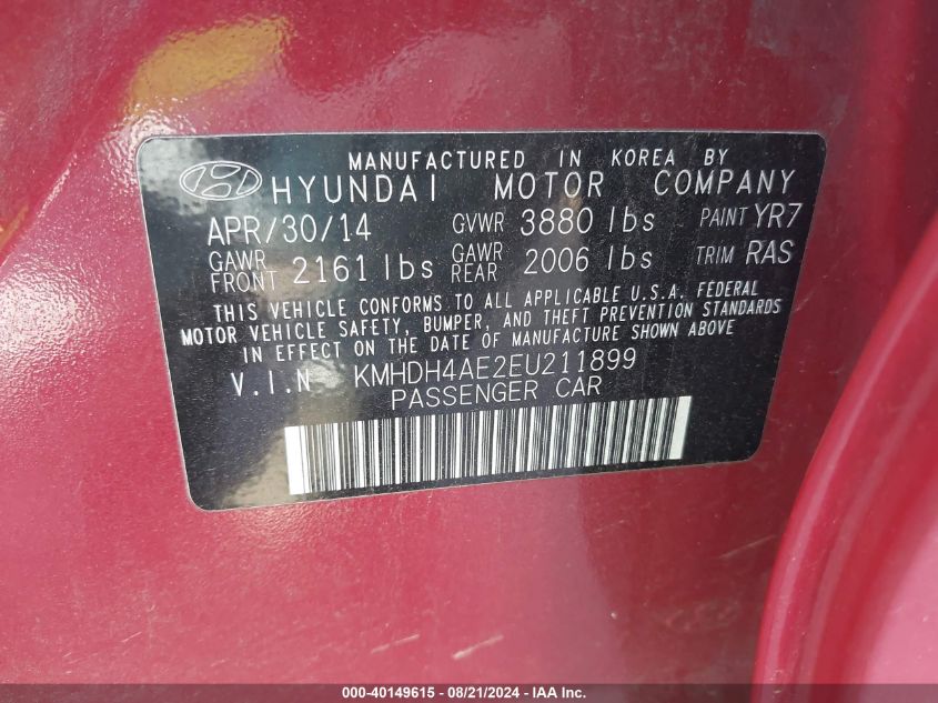 KMHDH4AE2EU211899 2014 Hyundai Elantra Se/Sport/Limited