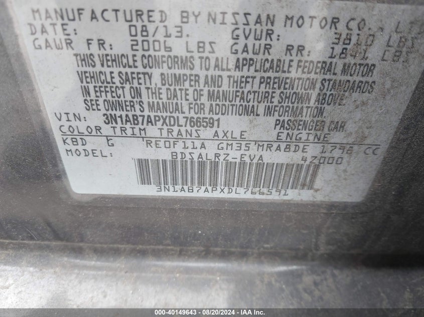 2013 Nissan Sentra S/Sv/Sr/Sl VIN: 3N1AB7APXDL766591 Lot: 40149643