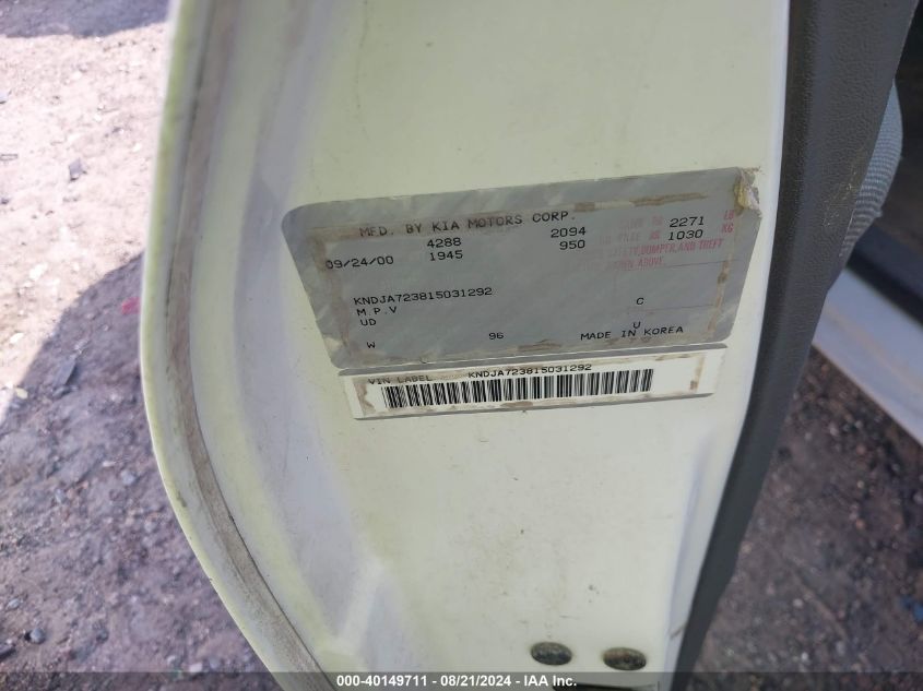 2001 Kia Sportage Ex/Limited VIN: KNDJA723815031292 Lot: 40149711