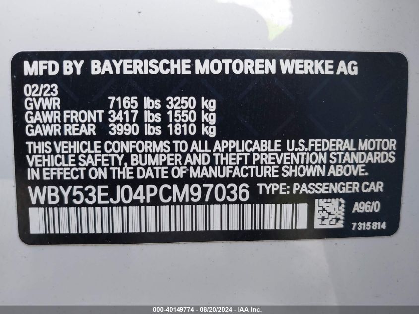 2023 BMW I7 xDrive60 VIN: WBY53EJ04PCM97036 Lot: 40149774