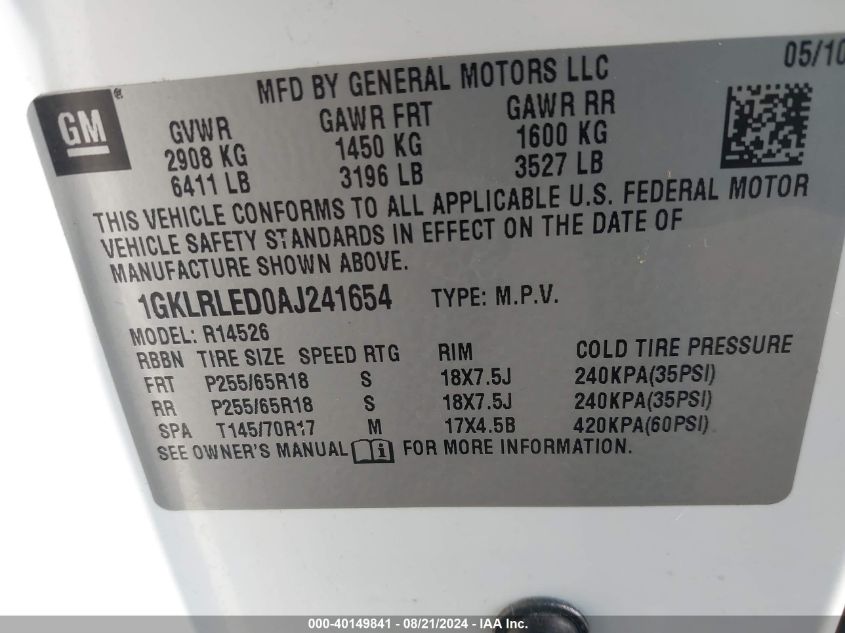 1GKLRLED0AJ241654 2010 GMC Acadia Sle