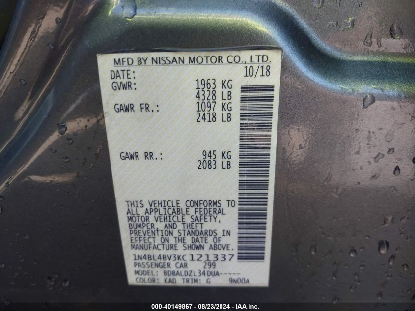 VIN 1N4BL4BV3KC121337 2019 NISSAN ALTIMA 2.5 S
