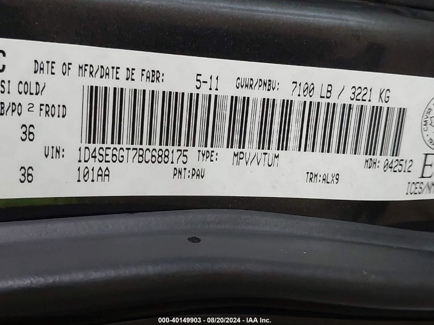2011 Dodge Durango R/T VIN: 1D4SE6GT7BC688175 Lot: 40149903