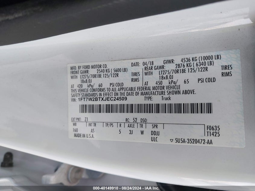 2018 FORD F-250 SUPER DUTY - 1FT7W2BTXJEC24509