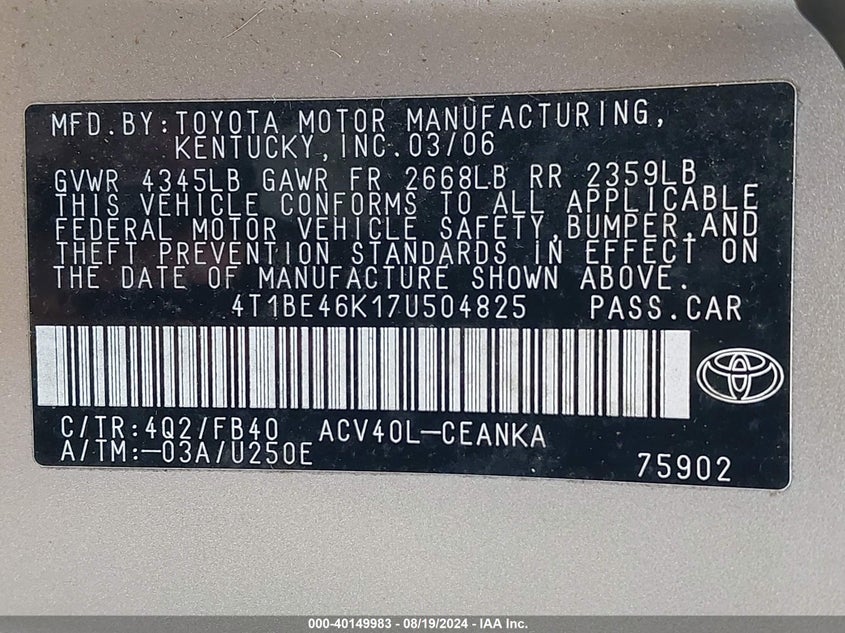 2007 Toyota Camry Le VIN: 4T1BE46K17U504825 Lot: 40149983