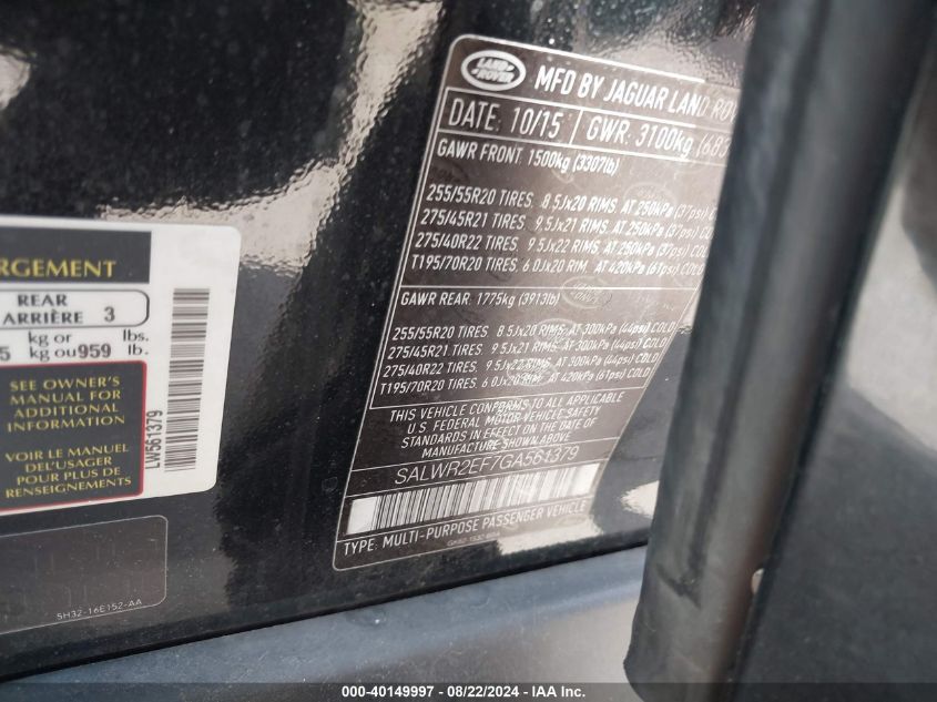 2016 Land Rover Range Rover Sport 5.0L V8 Supercharged/5.0L V8 Supercharged Dynamic VIN: SALWR2EF7GA561379 Lot: 40149997