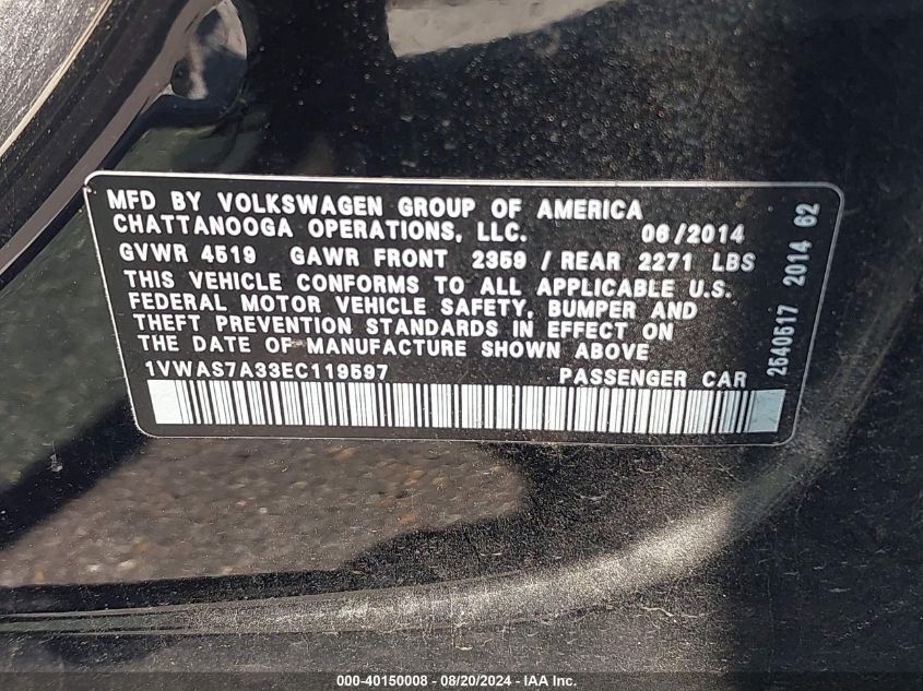 2014 Volkswagen Passat 1.8T Wolfsburg Edition VIN: 1VWAS7A33EC119597 Lot: 40150008