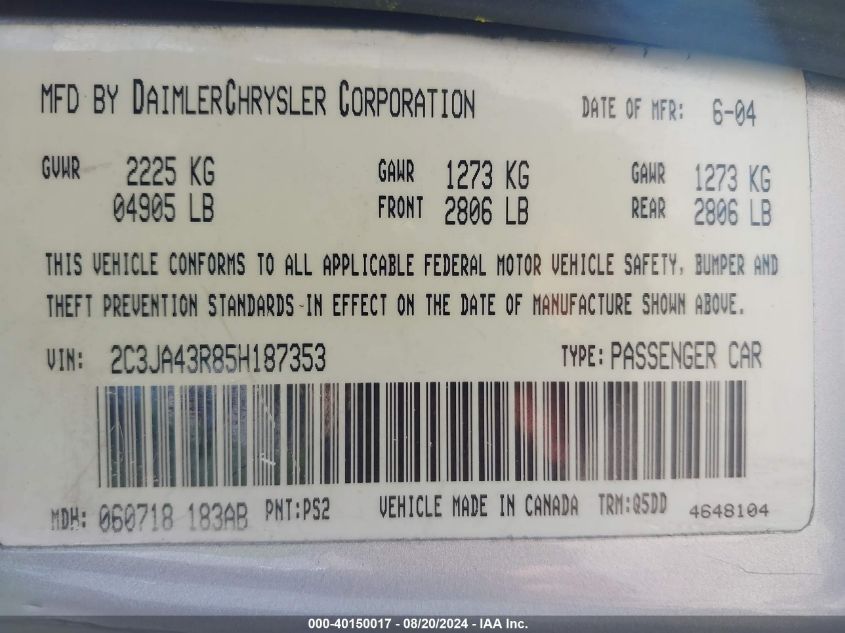 2005 Chrysler 300 VIN: 2C3JA43R85H187353 Lot: 40150017