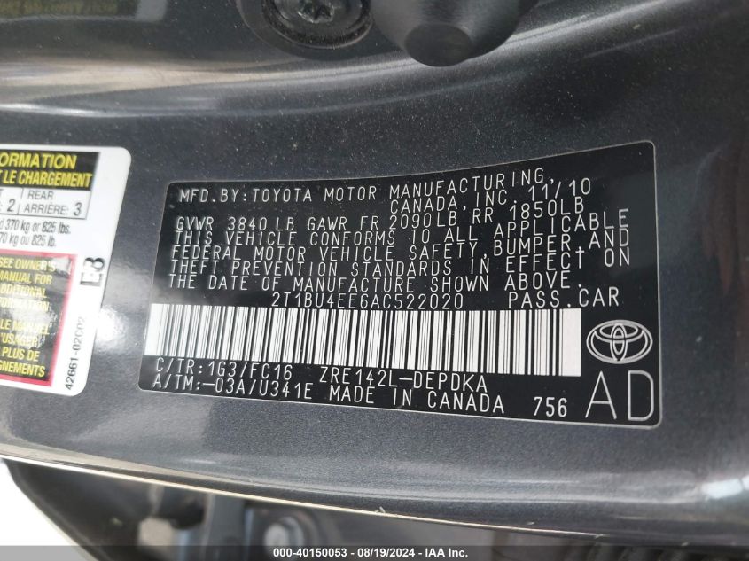 2010 Toyota Corolla Le VIN: 2T1BU4EE6AC522020 Lot: 40150053