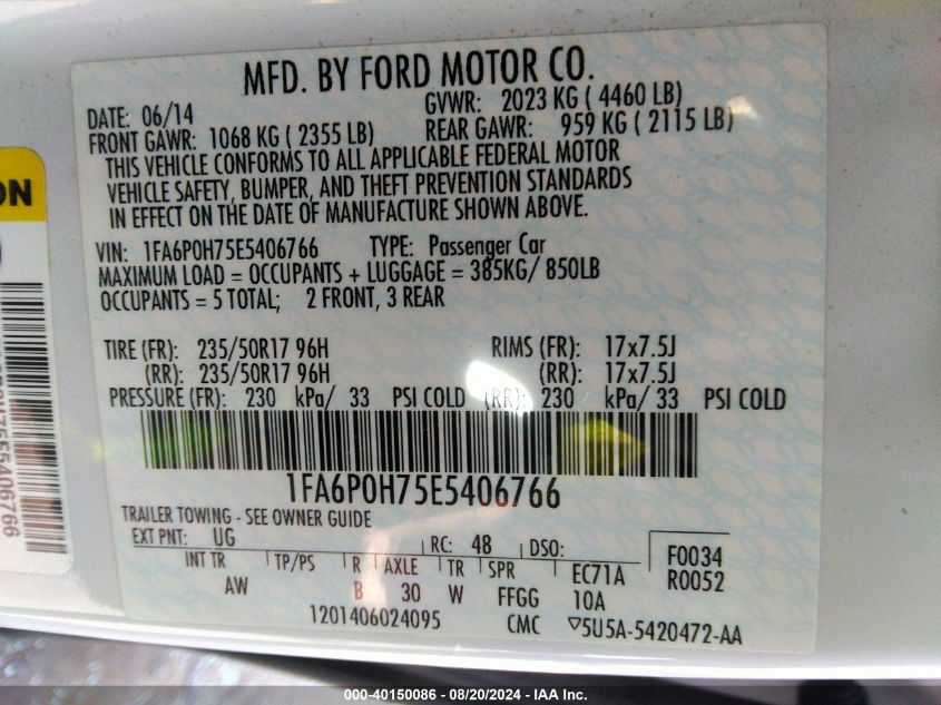 2014 FORD FUSION SE - 1FA6P0H75E5406766