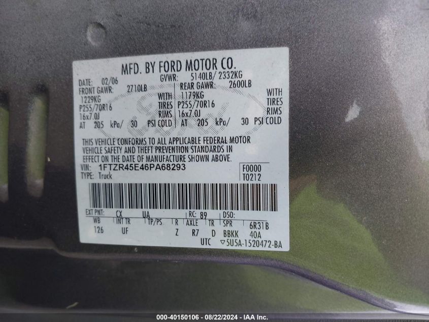 2006 Ford Ranger Fx4 Level Ii/Fx4 Off-Road/Sport/Xlt VIN: 1FTZR45E46PA68293 Lot: 40150106