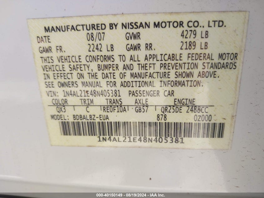 2008 Nissan Altima 2.5 S VIN: 1N4AL21E48N405381 Lot: 40150149