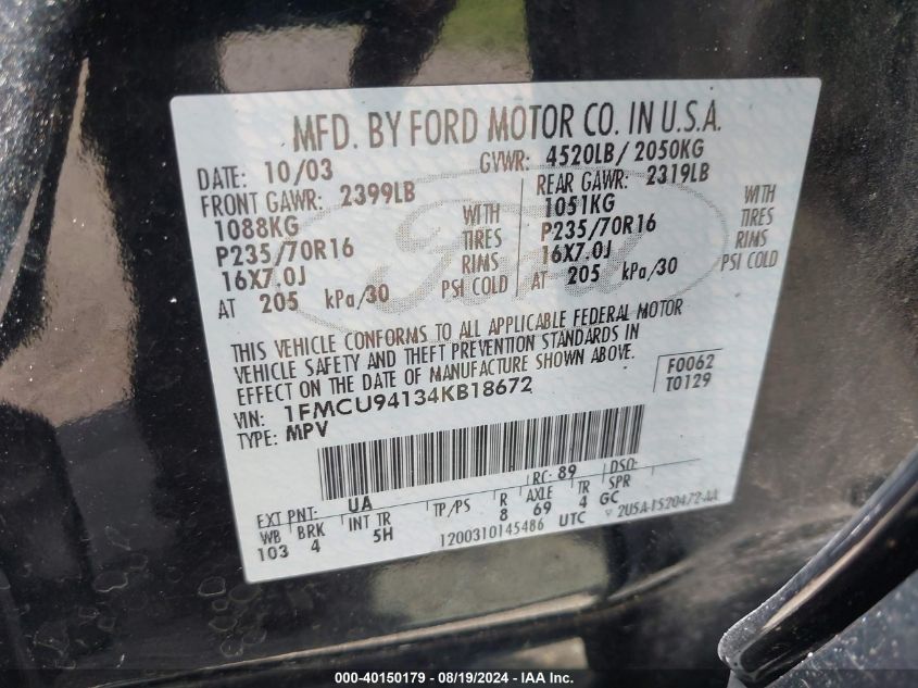 2004 Ford Escape Limited VIN: 1FMCU94134KB18672 Lot: 40150179