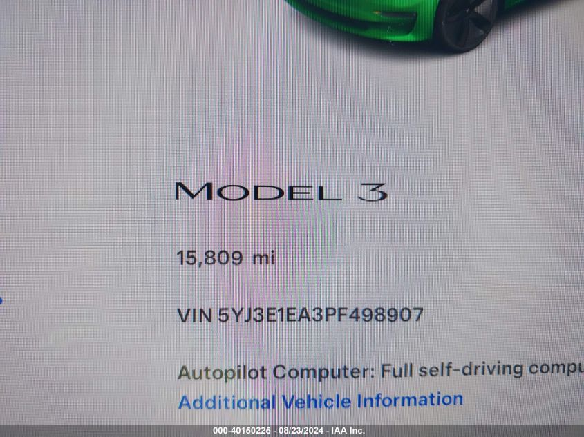 2023 Tesla Model 3 VIN: 5YJ3E1EA3PF498907 Lot: 40150225