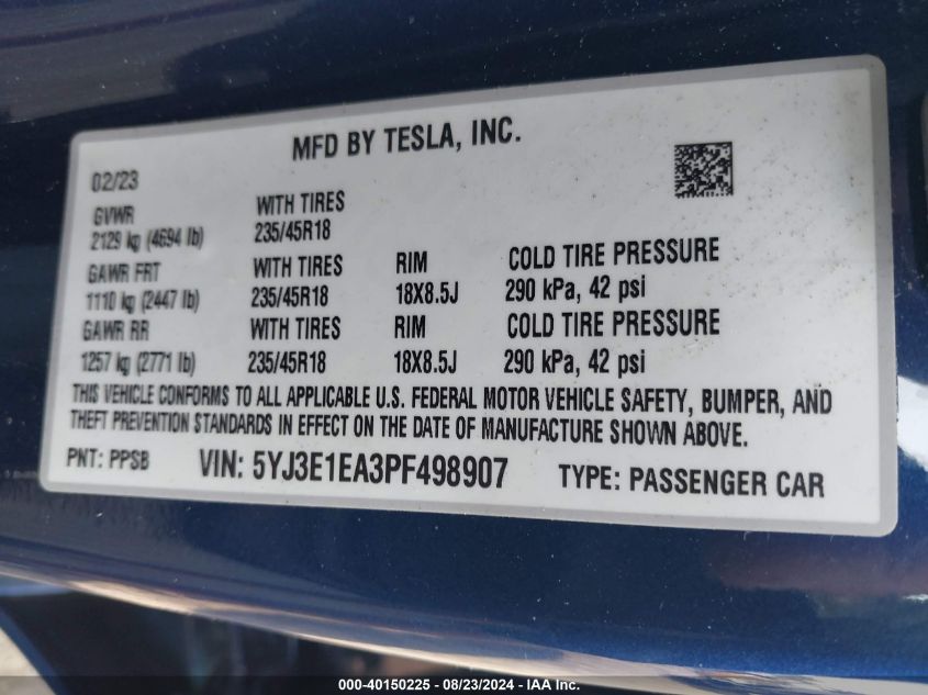 2023 Tesla Model 3 VIN: 5YJ3E1EA3PF498907 Lot: 40150225