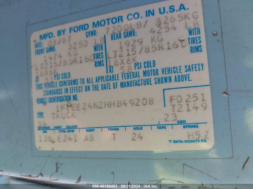 1987 Ford Econoline E250 Van VIN: 1FTEE24N2HHB49208 Lot: 40150403