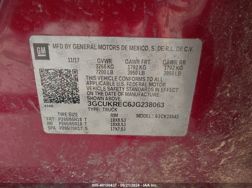 3GCUKREC6JG238063 2018 Chevrolet Silverado 1500 2Lt