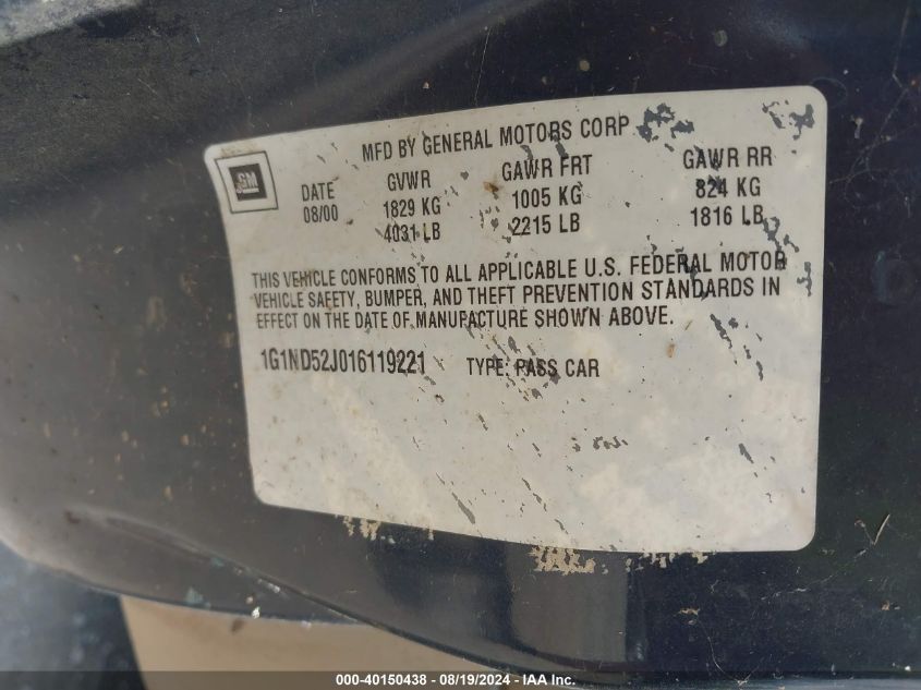 2001 Chevrolet Malibu VIN: 1G1ND52J016119221 Lot: 40150438