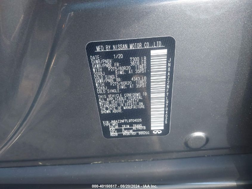 2020 Infiniti Qx80 Luxe VIN: JN8AZ2NF7L9704025 Lot: 40150517