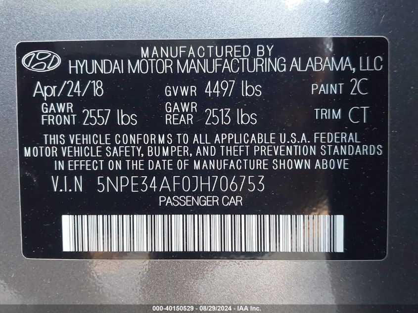 5NPE34AF0JH706753 2018 Hyundai Sonata Sport+