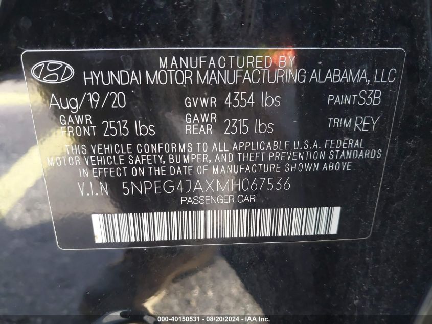 5NPEG4JAXMH067536 2021 Hyundai Sonata Se