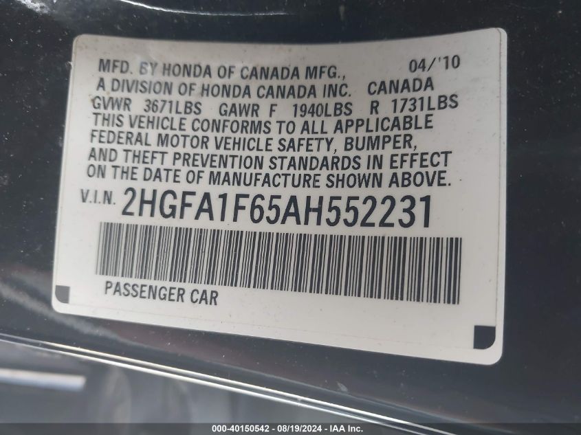 2010 Honda Civic Lx-S VIN: 2HGFA1F65AH552231 Lot: 40150542
