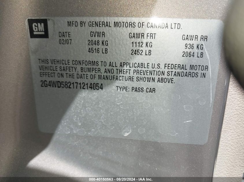 2007 Buick Lacrosse Cxl VIN: 2G4WD582171214054 Lot: 40150563
