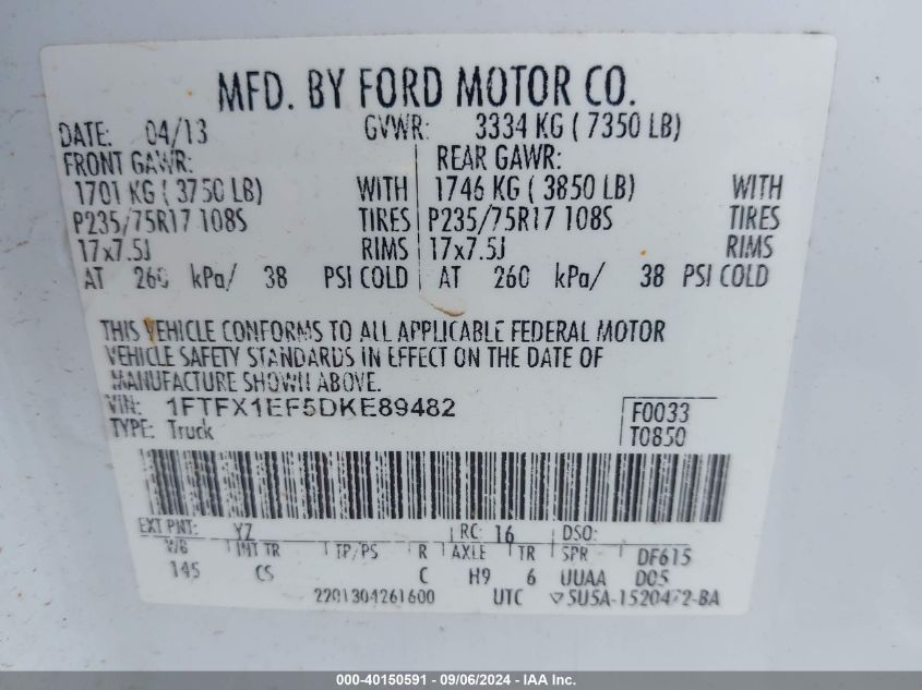 2013 Ford F-150 Xl VIN: 1FTFX1EF5DKE89482 Lot: 40150591