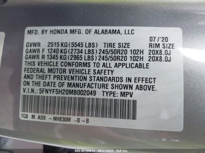 2021 Honda Pilot 2Wd Special Edition VIN: 5FNYF5H20MB002049 Lot: 40150612