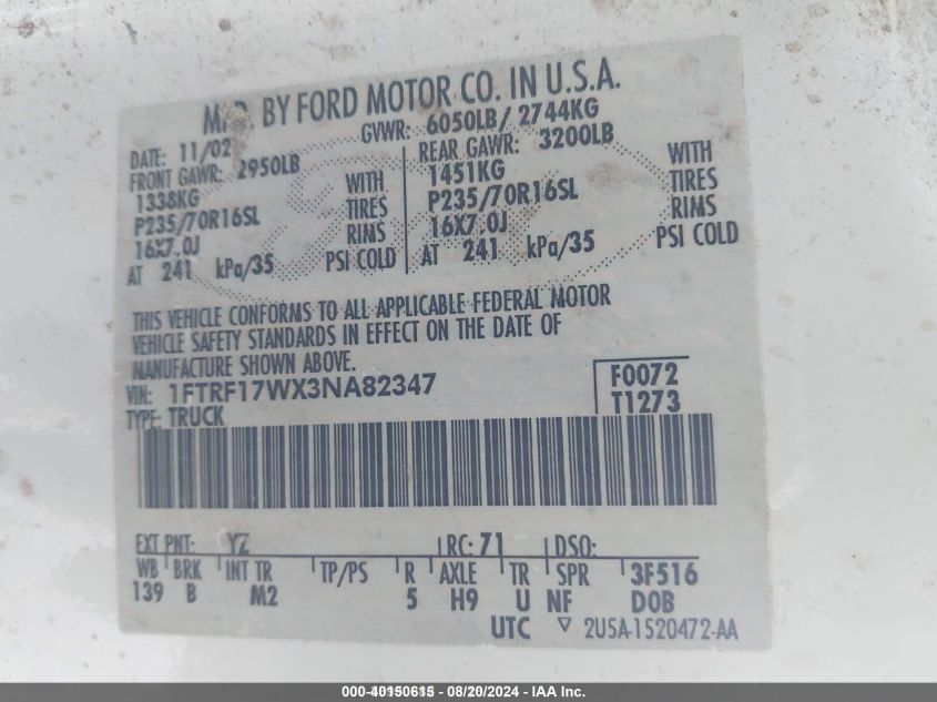 1FTRF17WX3NA82347 2003 Ford F-150 Xl/Xlt