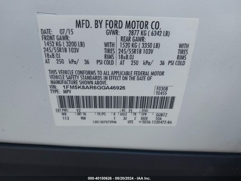 2016 Ford Explorer Police Interceptor VIN: 1FM5K8AR6GGA46926 Lot: 40150626