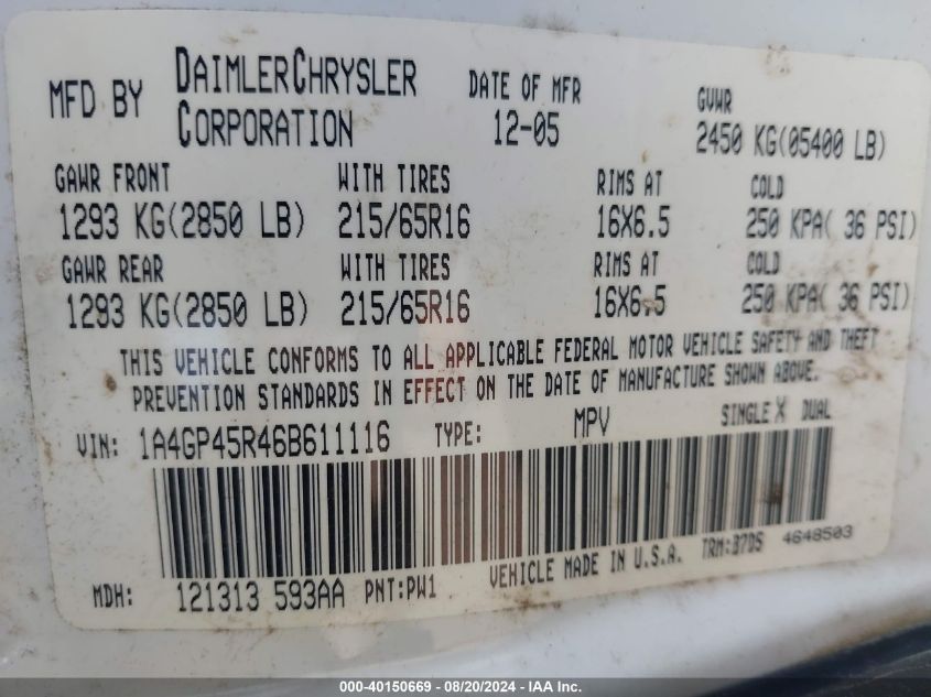 2006 Chrysler Town & Country VIN: 1A4GP45R46B611116 Lot: 40150669