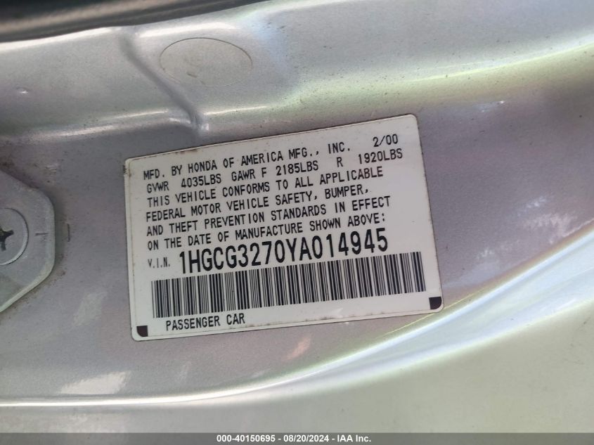 2000 Honda Accord 2.3 Ex VIN: 1HGCG3270YA014945 Lot: 40150695