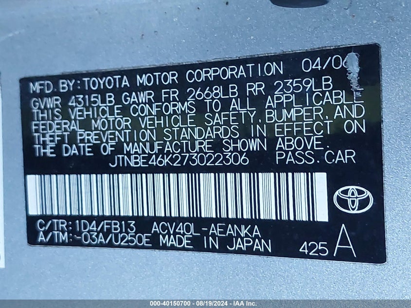 2007 Toyota Camry Le VIN: JTNBE46K273022306 Lot: 40150700