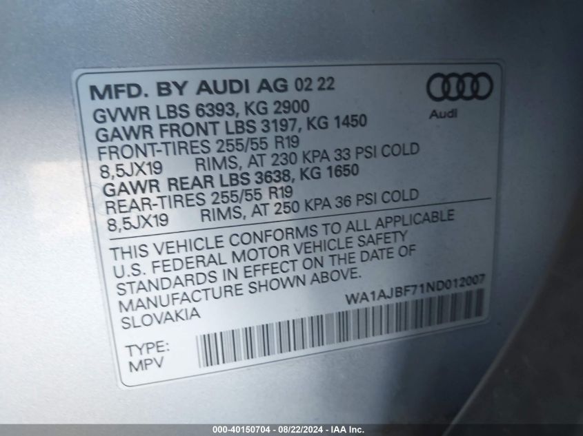 2022 Audi Q7 Premium 45 Tfsi Quattro Tiptronic VIN: WA1AJBF71ND012007 Lot: 40150704