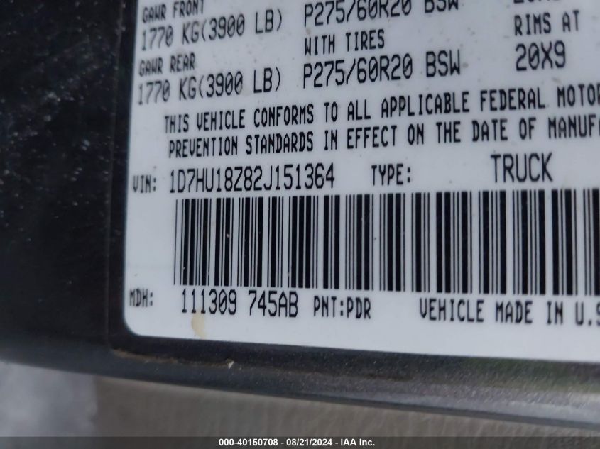 2002 Dodge Ram 1500 VIN: 1D7HU18Z82J151364 Lot: 40150708