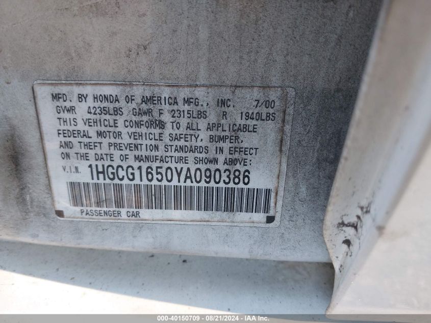 2000 Honda Accord 3.0 Ex VIN: 1HGCG1650YA090386 Lot: 40150709