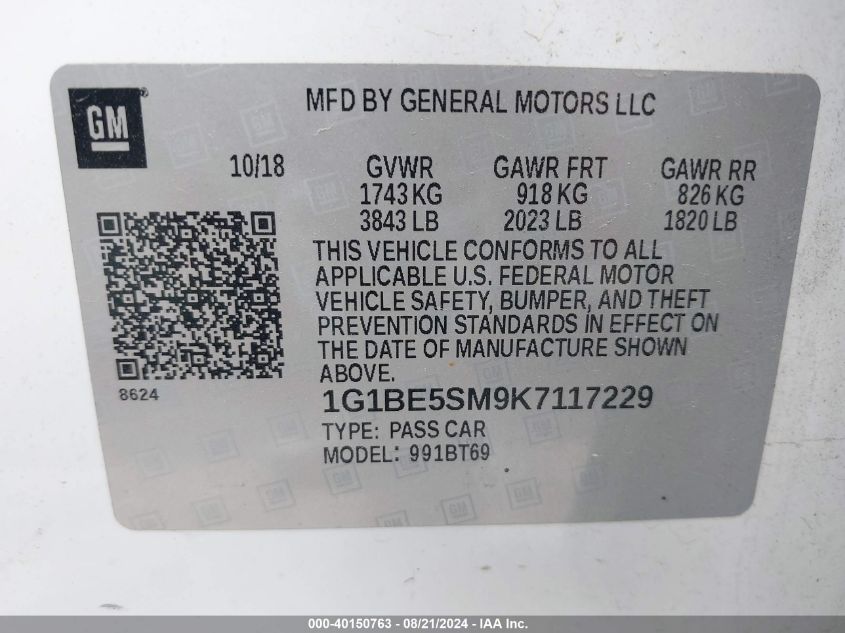 2019 Chevrolet Cruze Lt VIN: 1G1BE5SM9K7117229 Lot: 40150763