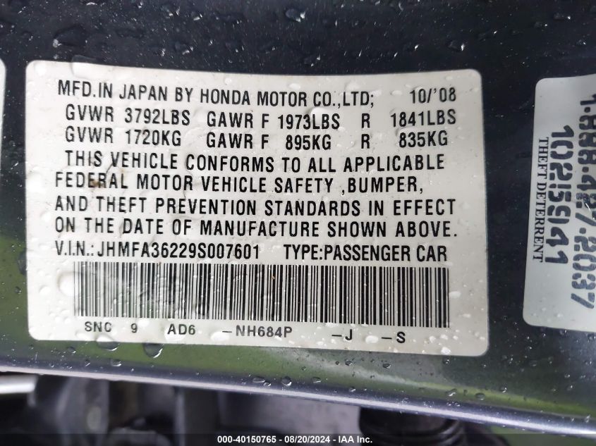 2009 Honda Civic Hybrid VIN: JHMFA36229S007601 Lot: 40150765