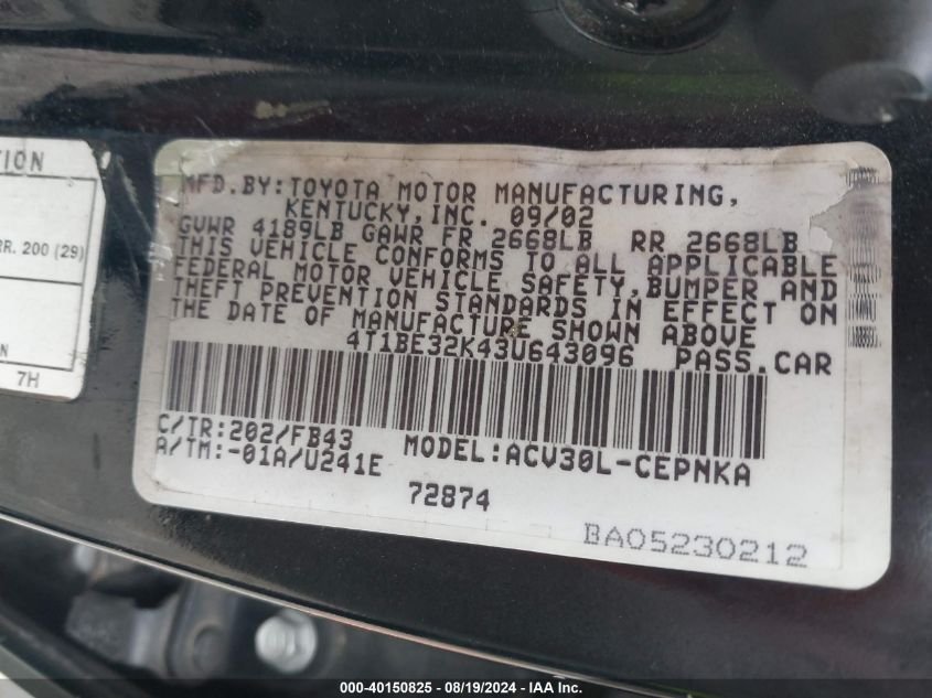 2003 Toyota Camry Le VIN: 4T1BE32K43U643096 Lot: 40150825